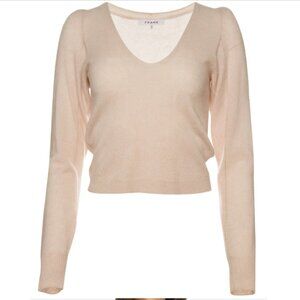 FRAME DENIM 100$ CASHMERE Champagne V-Neck Leena Sweater – Sz S – EUC